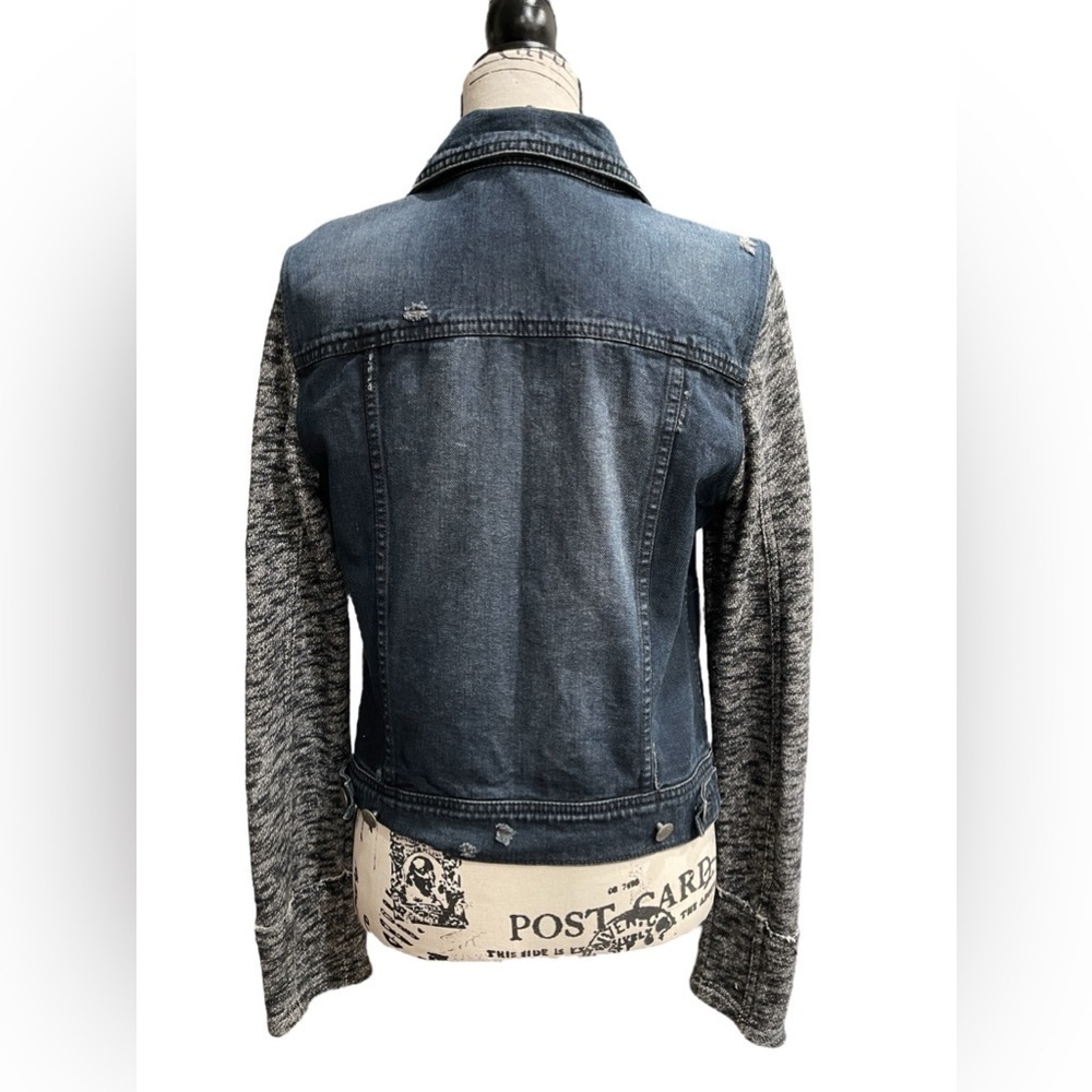 Free People Distressed Jean Jacket Hooded Fabric Sleeves Grunge Layering Size M - Picture 4 of 10